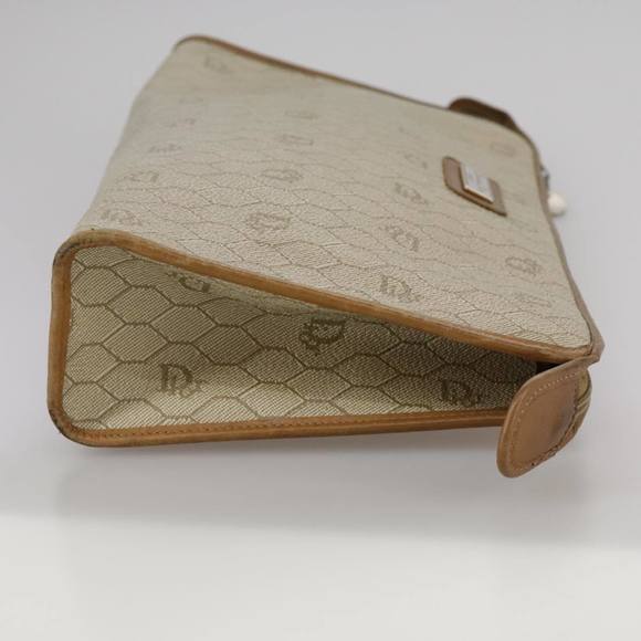 Christian Dior Honeycomb Canvas Clutch Bag PVC Leather Beige Auth bs20832